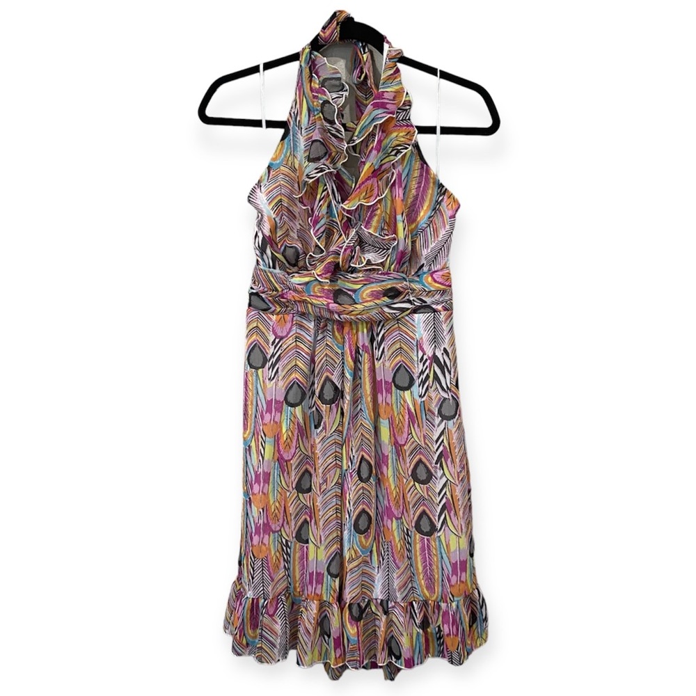 Jonathan Martin Colorful Ruffle Feather Pattern Halter Dress Multi Size 10